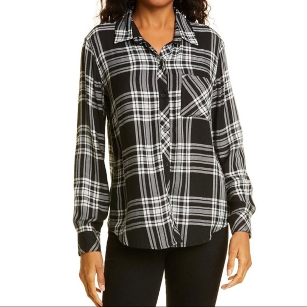Rails Women's Hunter Flannel Plaid Button Up Top Blouse Black Sky Ivory Casual L
